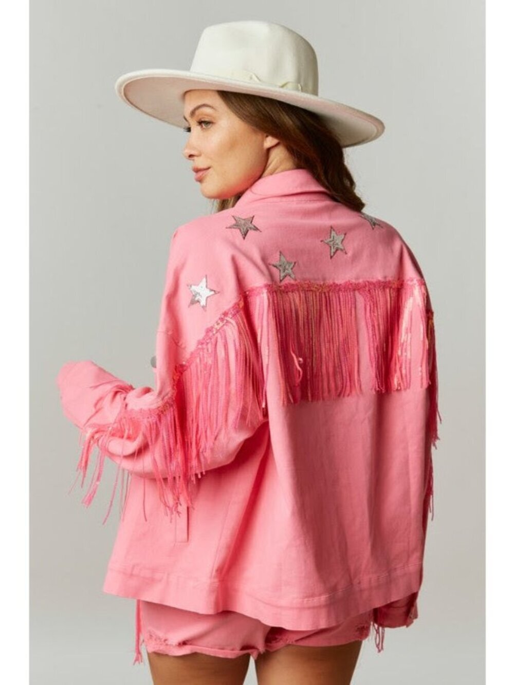 Western Diva Star Sequin Patch Fringe Jacket in Pink
